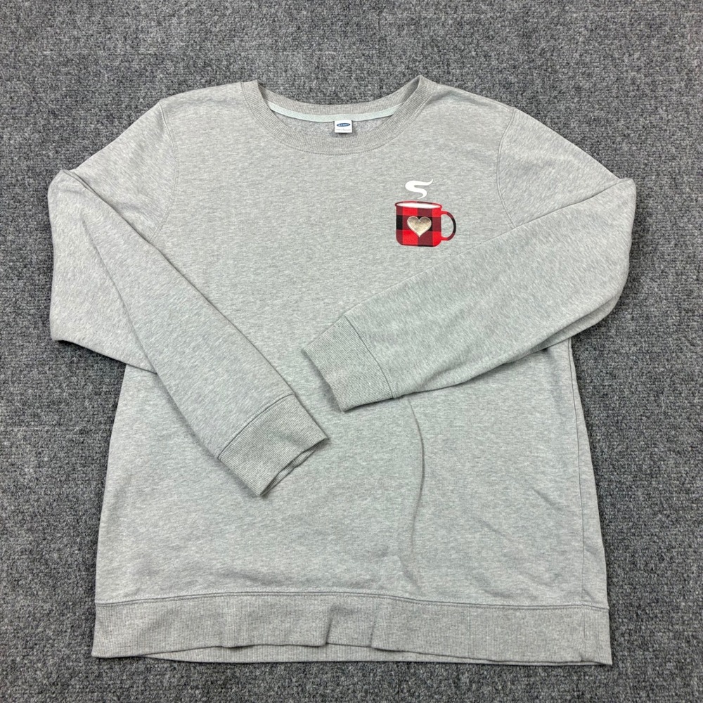 Old Navy Heather Gray Buffalo Plaid Coffee Design Sweatshirt Womens Size Large